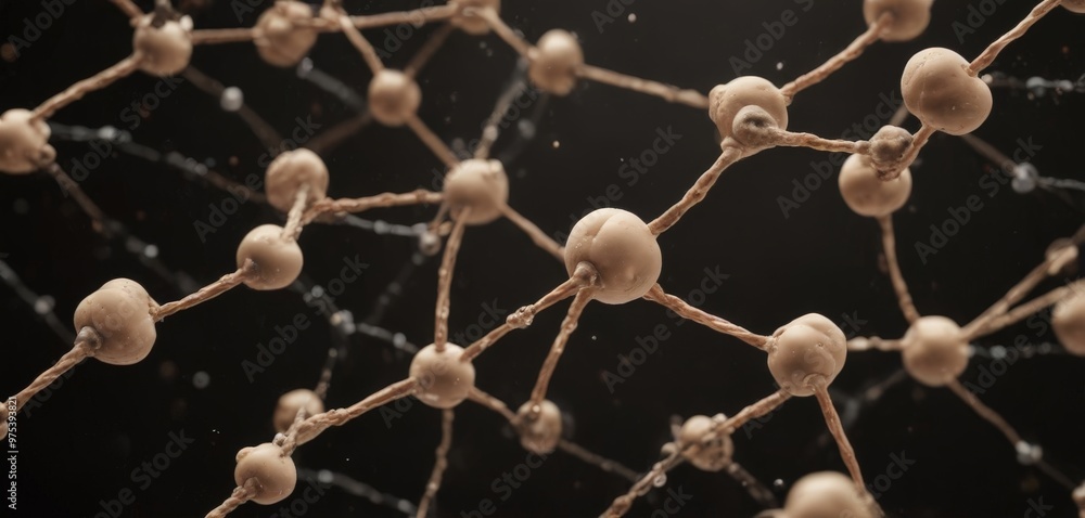 Poster a close-up view of a complex network of interconnected molecular structures, resembling a web or a n
