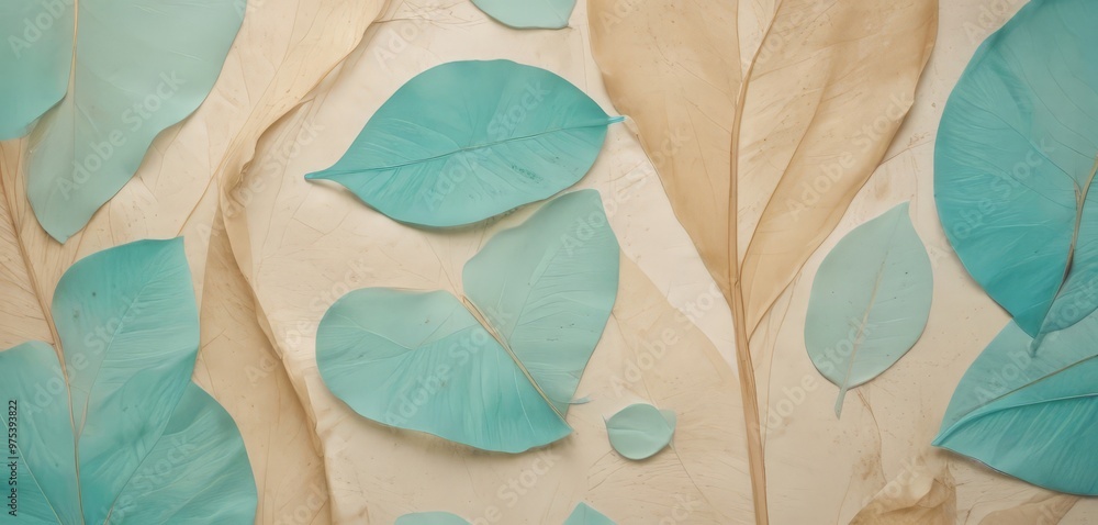 Poster a close-up view of a collection of light blue and beige leaves arranged in a pattern on a light brow