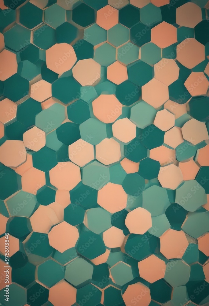 Poster a vibrant pattern composed of overlapping hexagonal shapes in various shades of green, orange, and w