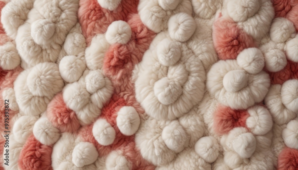 Poster a close-up view of a textured surface composed of numerous small, round, white and pink pom poms arr