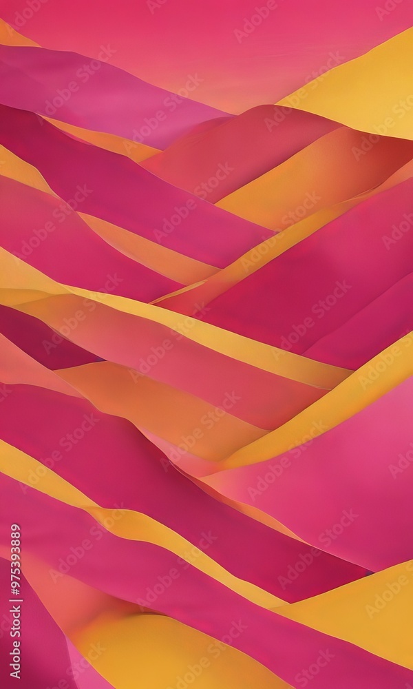 Poster a vibrant abstract composition of overlapping, curved lines in shades of pink, orange, and yellow, c