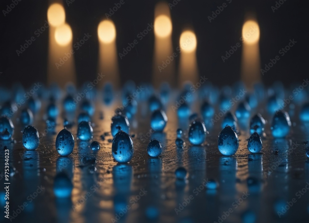Poster a close-up view of numerous water droplets scattered across a dark surface, with a soft glow of ligh