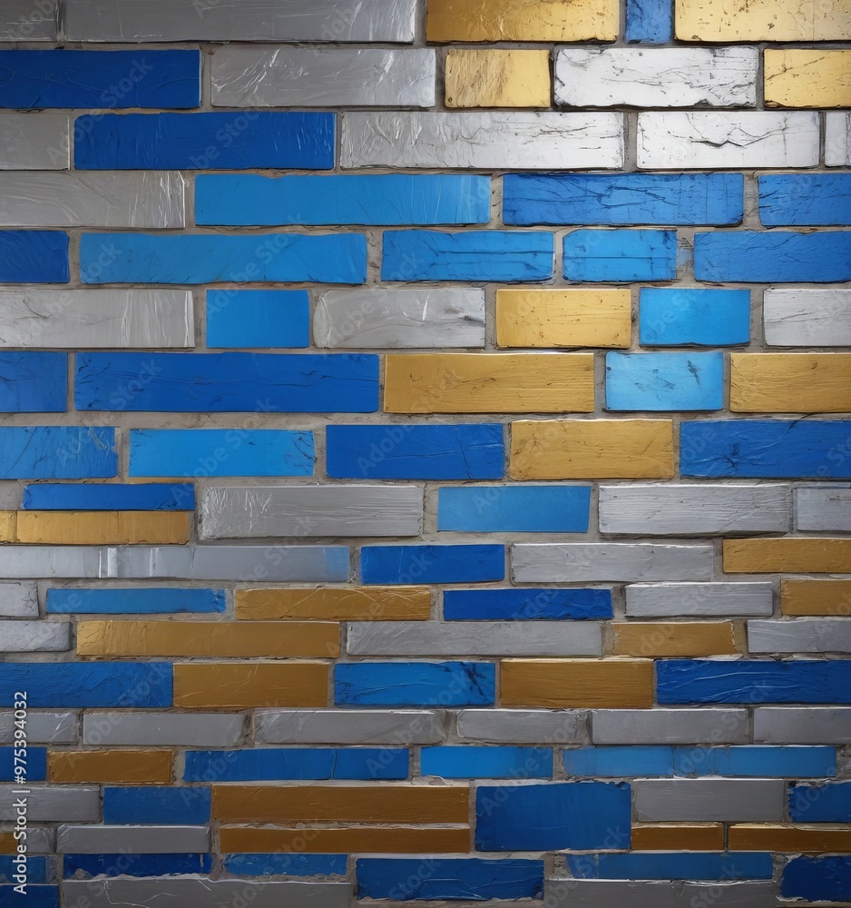 Poster a close-up view of a brick wall with alternating blue and gold bricks, creating a visually striking 