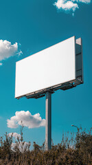 Obraz premium A blank billboard stands tall against vibrant blue sky, surrounded by lush greenery and fluffy white clouds. This scene captures sense of openness and potential