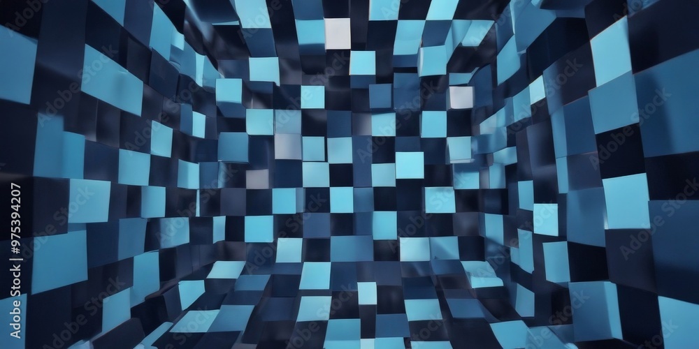 Poster a 3d of a room filled with blue and black cubes, creating a visually striking and abstract pattern.