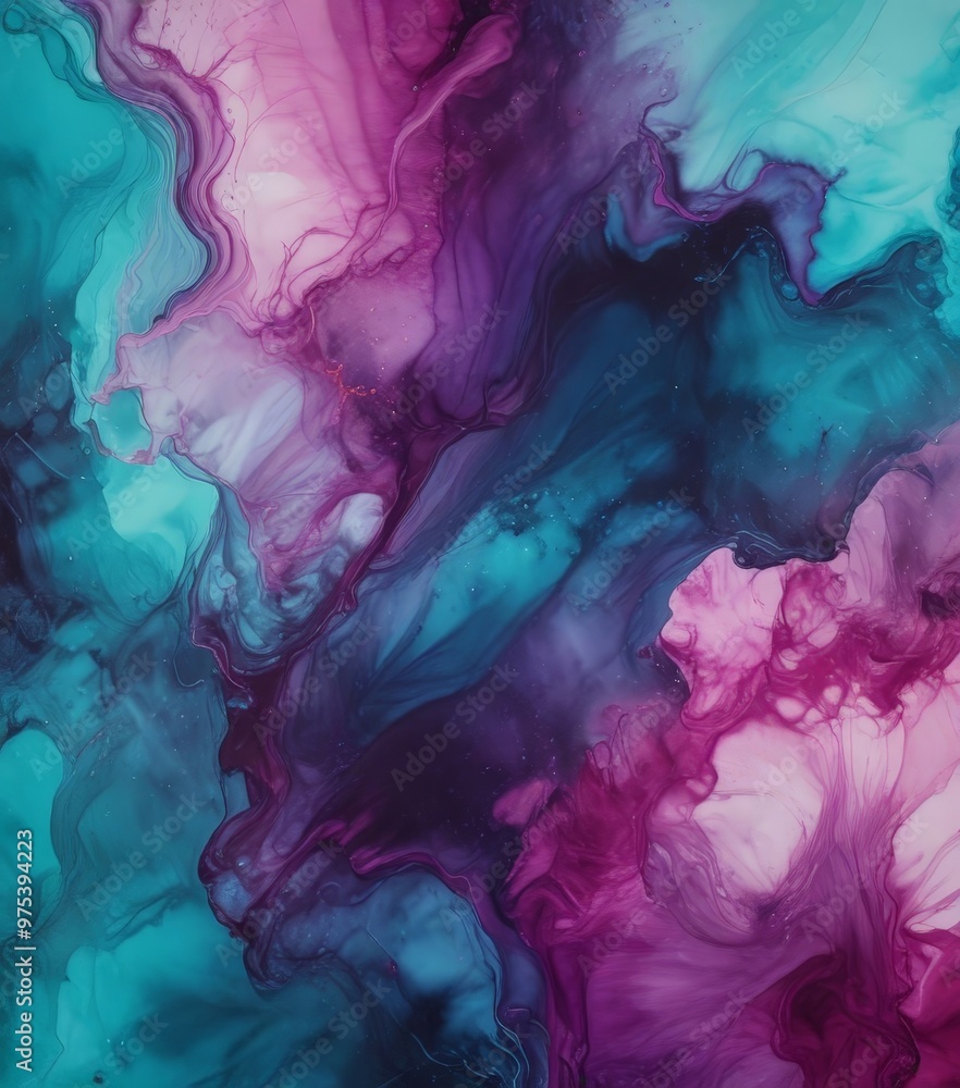 Poster a vibrant abstract pattern with swirling, fluid colors of purple, blue, and pink, creating a dynamic