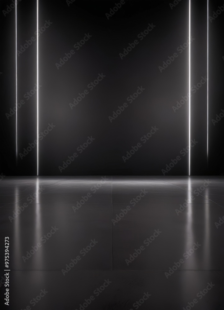 Poster a dark, empty room with a reflective floor and three vertical white lines running across the center,