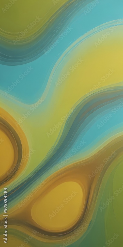 Poster the image is an abstract representation of a landscape, featuring a blend of blue, green, and yellow