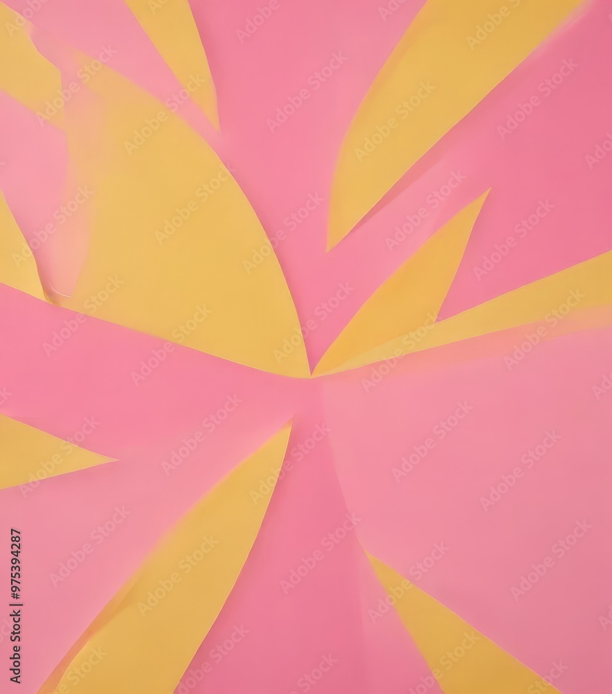 Poster abstract artwork: a vibrant composition of overlapping curved lines in pink and yellow, creating a d