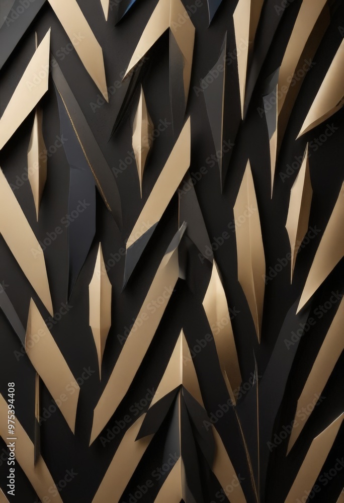 Poster a close-up view of a geometric pattern composed of various shades of black and gold paper shapes, ar
