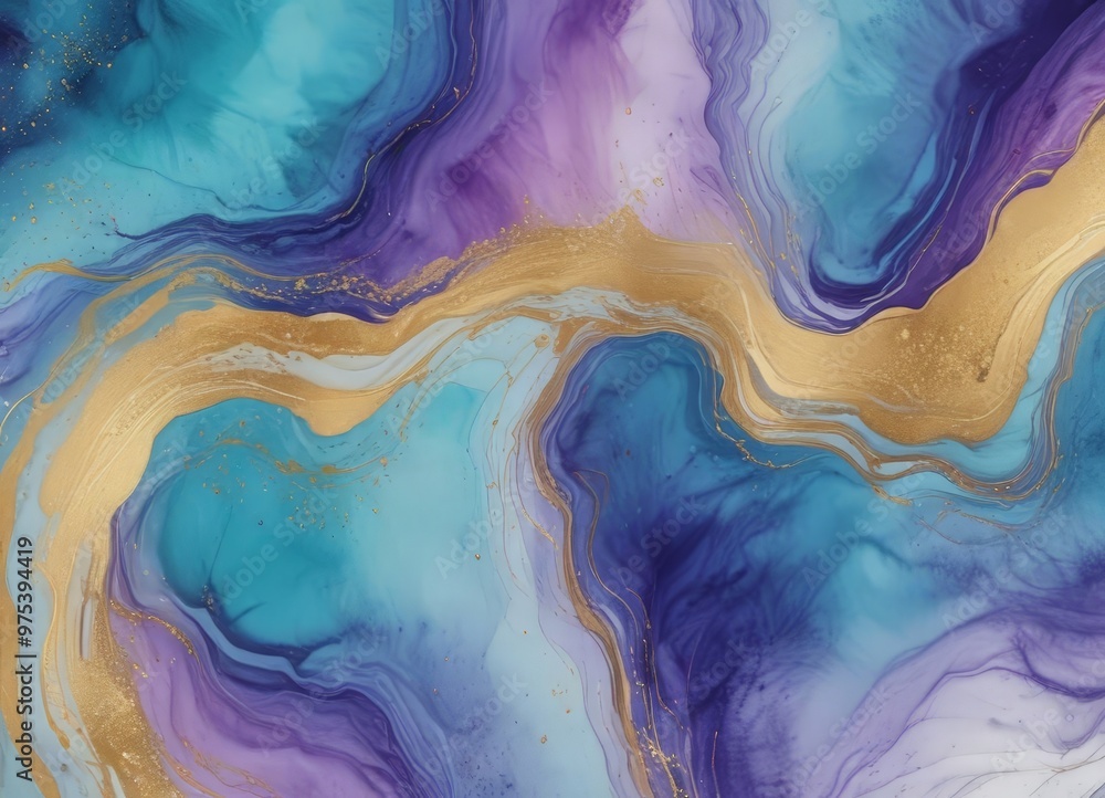 Poster a vibrant abstract pattern with swirling lines and splashes of blue, purple, and gold. the pattern i