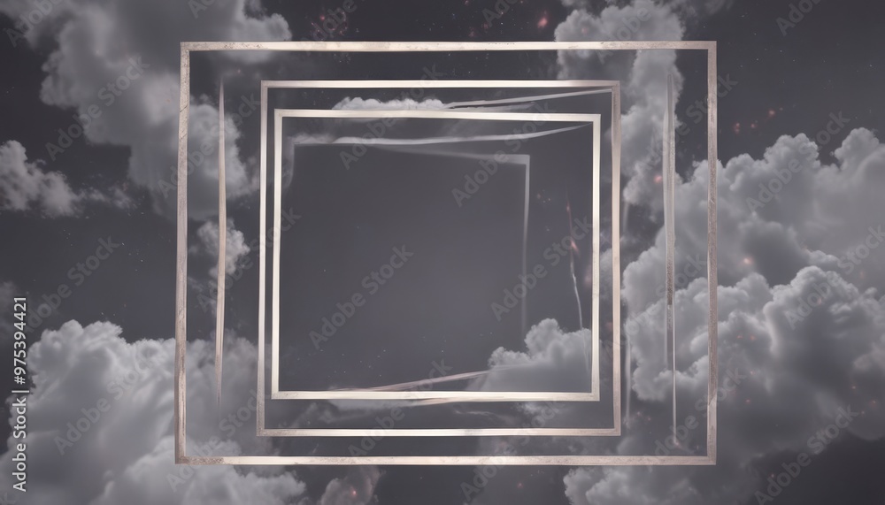Poster a digital illustration of a dark, cloudy sky with a large, square-shaped frame in the center, creati