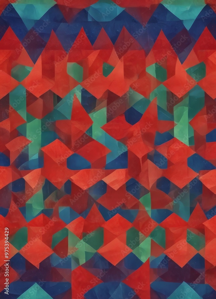 Aufkleber the image is a vibrant abstract composition featuring overlapping red, blue, and green triangles arr