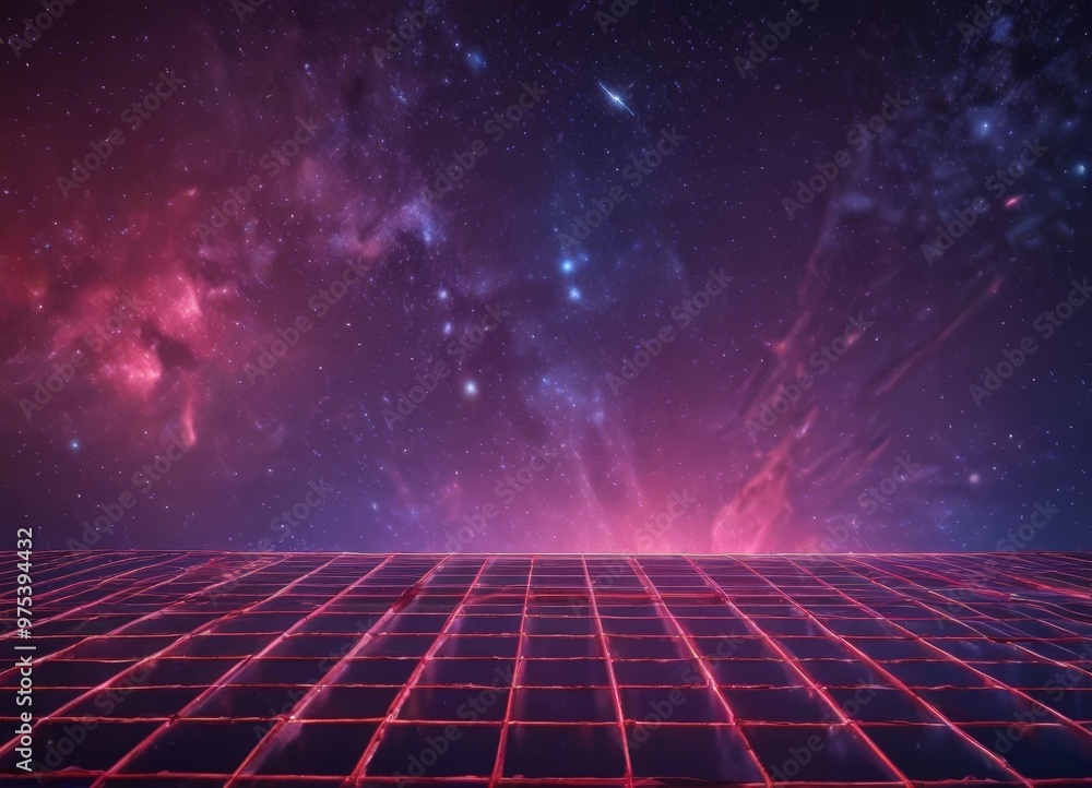 Poster a futuristic cityscape with a grid-like pattern of red and blue lights, set against a backdrop of a 