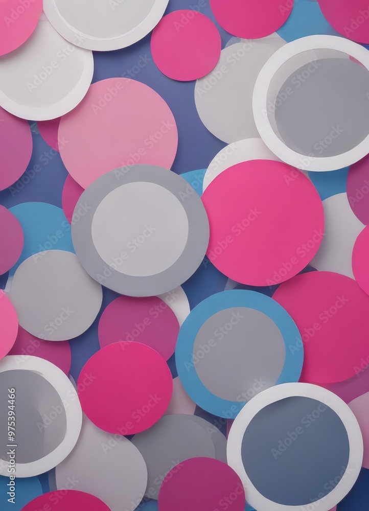 Poster a vibrant arrangement of overlapping circles in various shades of pink, blue, and gray, creating a v
