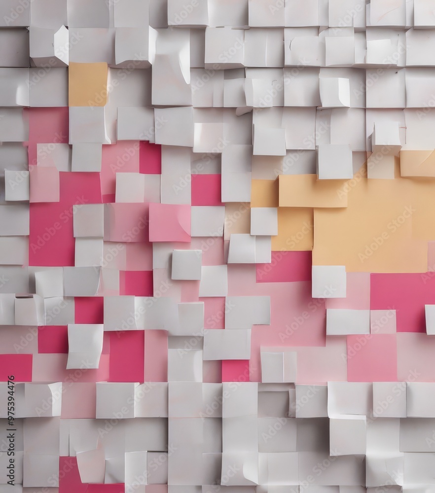 Poster a 3d of a pattern composed of numerous white cubes, each with a unique color, arranged in a grid-lik