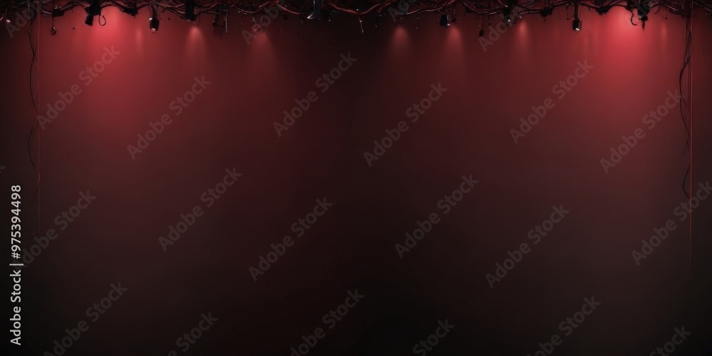 Poster a dark red background with a row of red spotlights on the left side, creating a dramatic and theatri