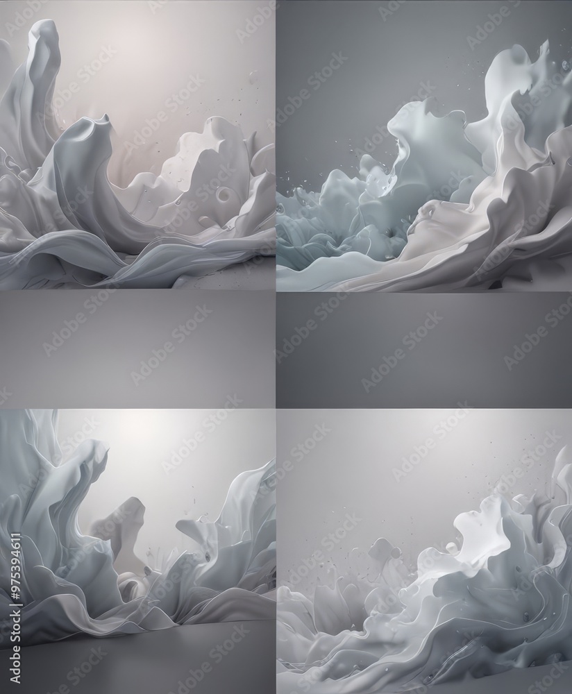 Poster the image contains four distinct scenes of abstract, fluid, and dynamic white and gray patterns, eac