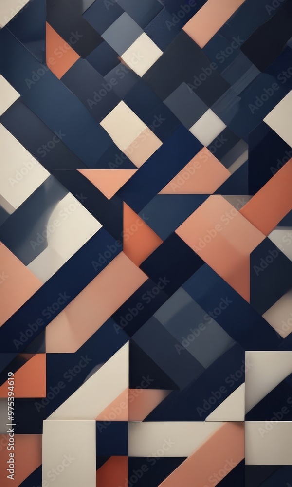 Poster the image presents a geometric pattern composed of intersecting lines and rectangles in various shad