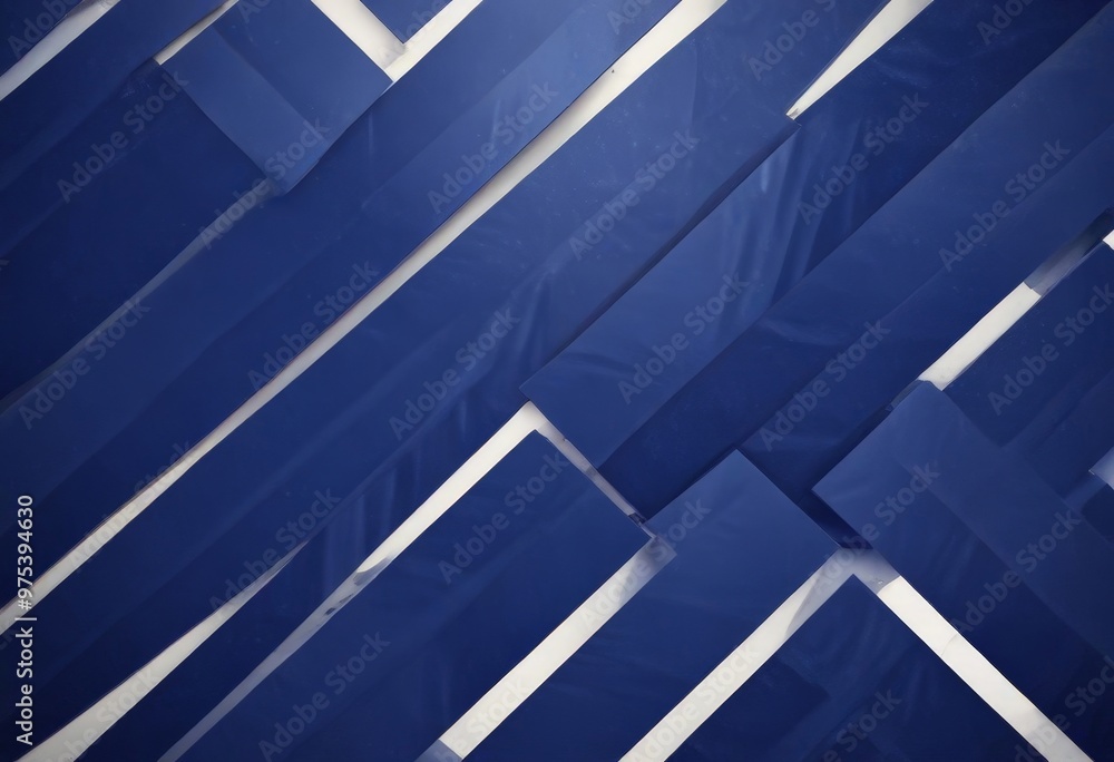 Poster a close-up view of a pattern of overlapping blue and white rectangular shapes, creating a visually s