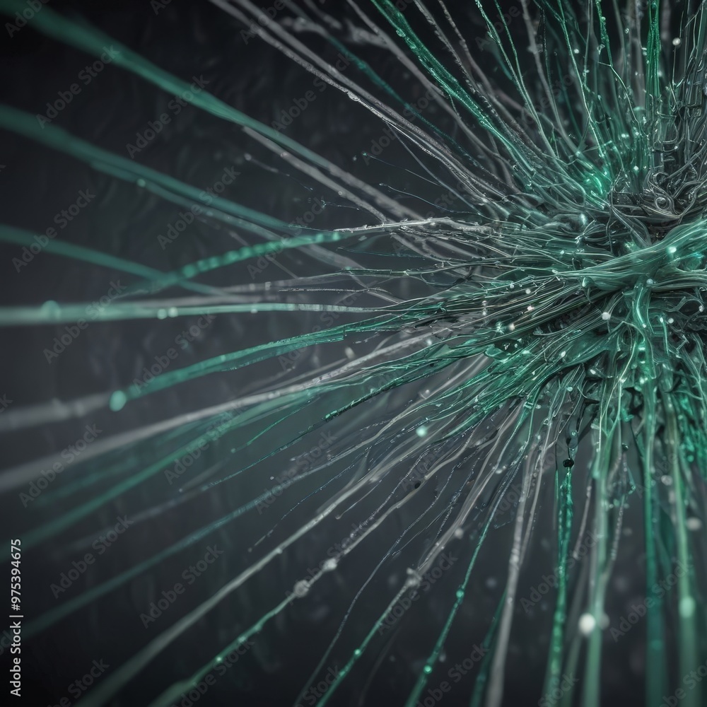 Poster a close-up view of a green, abstract structure composed of numerous thin, radiating lines and dots, 