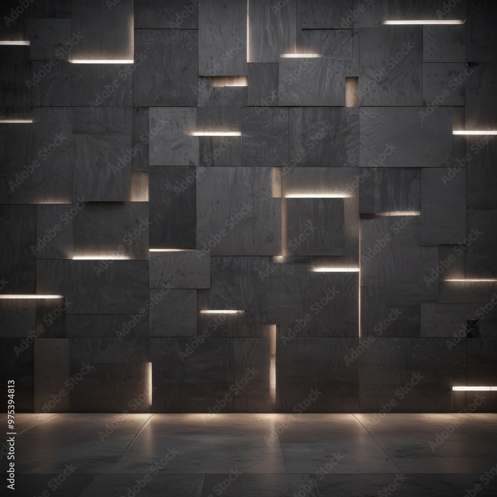 Poster a dark, textured wall composed of rectangular panels, with light lines cutting across the surface, c
