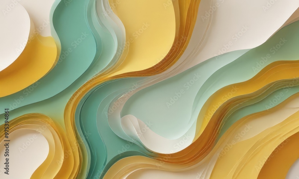 Poster the image is an abstract composition of overlapping paper shapes in various shades of green, yellow,