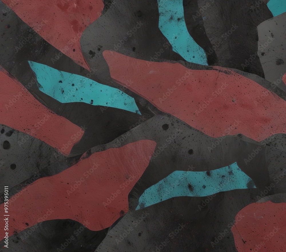 Poster a close-up view of a textured surface with a pattern of overlapping red, black, and blue shapes.