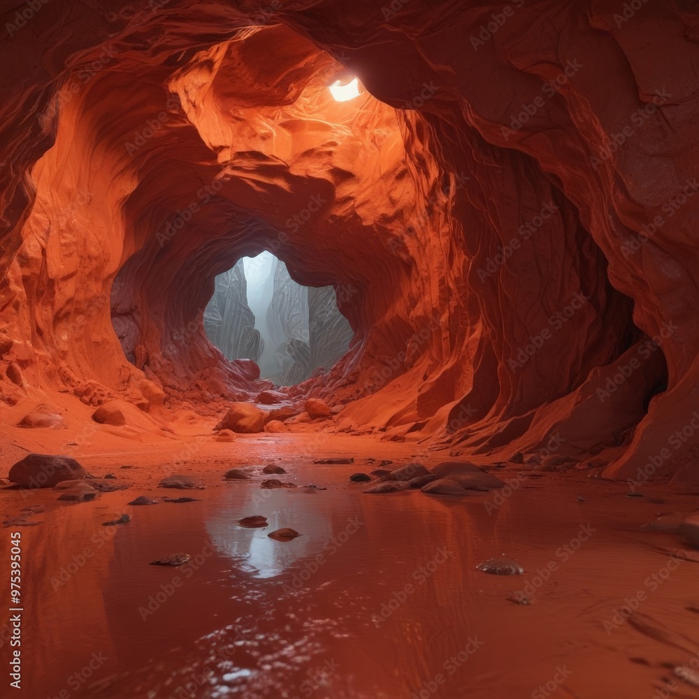 Poster a digital of a red rock cave with a small opening at the bottom, reflecting the light and surrounded
