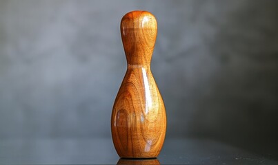 A single, polished wooden bowling pin standing upright on a smooth, reflective surface