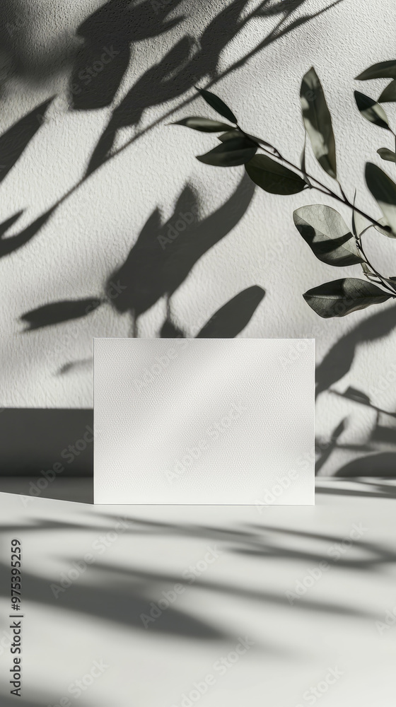 Poster minimalist business card mockup with soft shadows and greenery, creating serene and elegant atmosphe