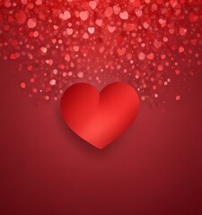 A red heart is centered against a dark red background, with a shower of red heart-shaped lights falling from the top right corner, creating a festive and romantic atmosphere.