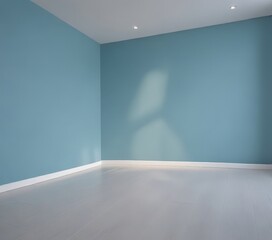 Fototapeta premium An empty room with light blue walls and a white floor, featuring a window and a light fixture on the ceiling.