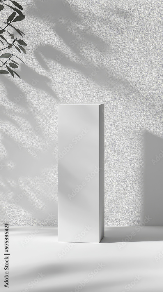 Poster minimalist product box standing upright against textured white background, surrounded by soft shadow