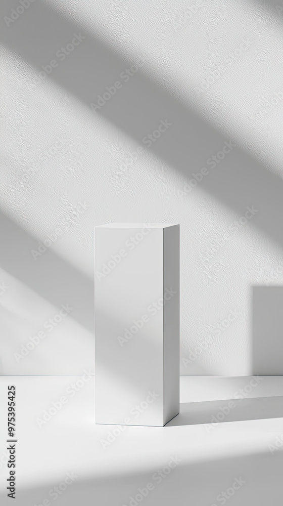 Poster minimalist product box standing upright, casting soft shadows on white background, creating serene a
