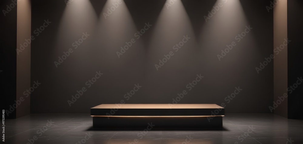 Poster a minimalist stage with a rectangular platform and a single light source, set against a dark backgro