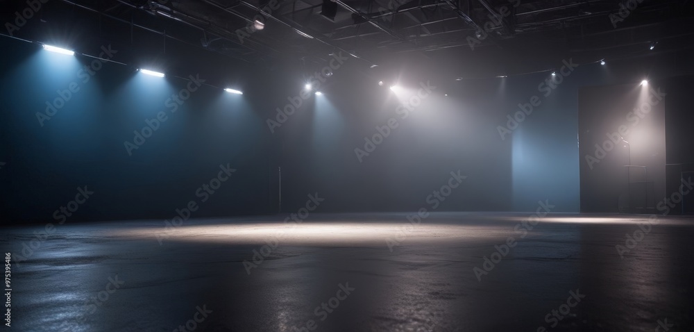 Poster a dimly lit stage with a large open space, illuminated by a series of spotlights, creating a dramati