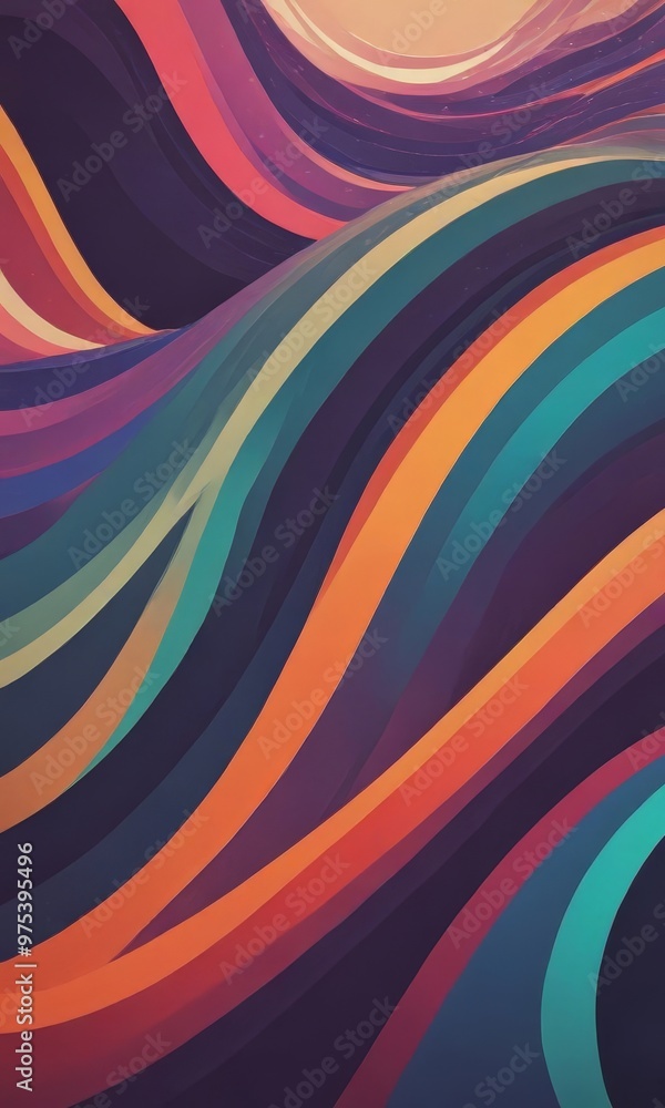 Poster a vibrant abstract composition of overlapping curved lines in various colors, including shades of bl