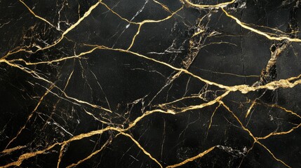 A luxury black marble slab with fine, branching gold veins, photographed under bright light to showcase the opulent texture and natural beauty.