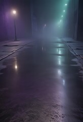 A dimly lit, foggy alleyway with a solitary street lamp casting a soft glow on the wet pavement, creating a sense of mystery and solitude.