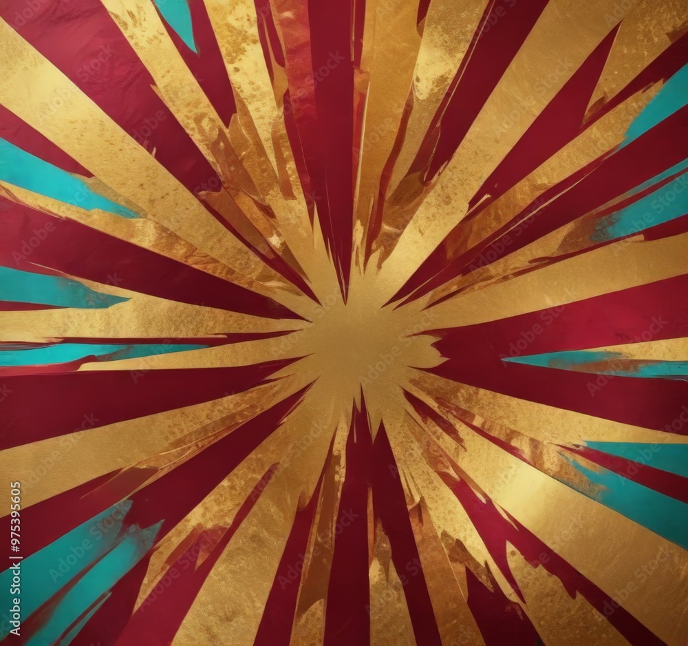 Poster a vibrant abstract design with a central sunburst pattern composed of intersecting red and gold line