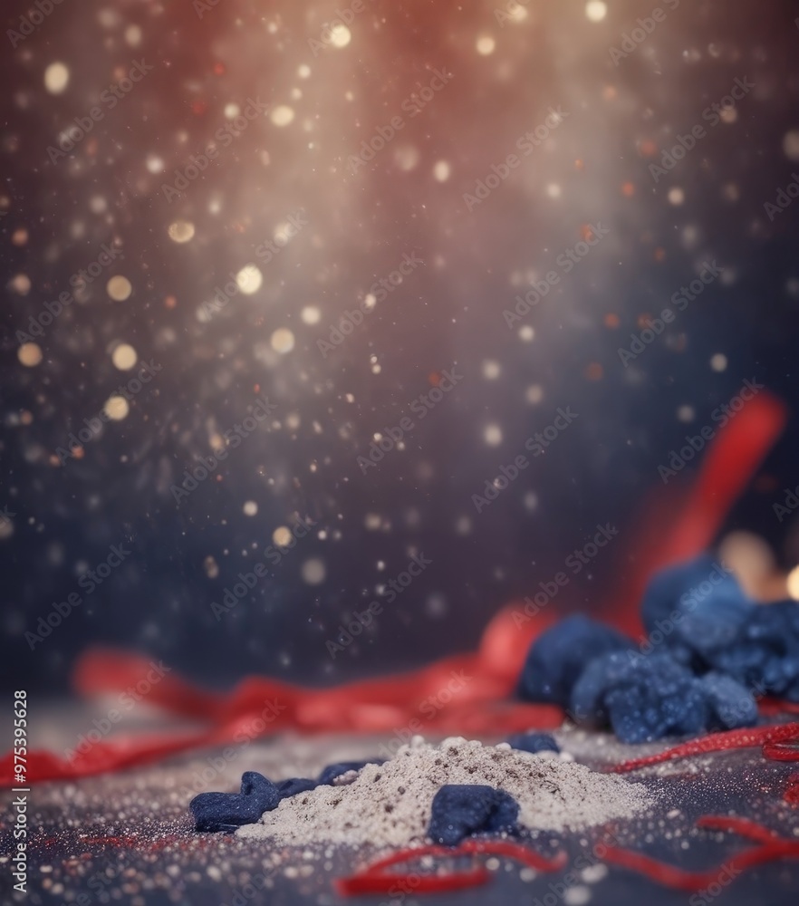 Poster a close-up view of a pile of white and blue confetti on a dark surface, with a blurred background of