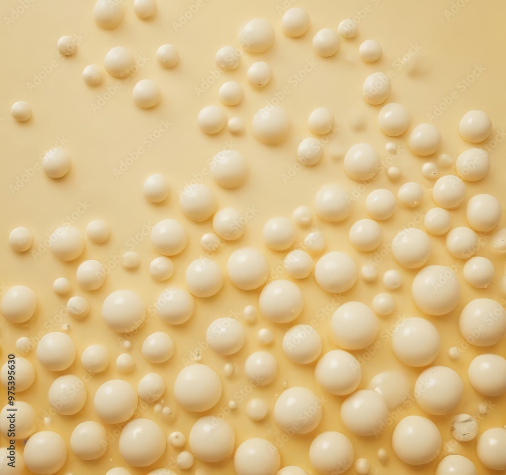 Poster a close-up view of numerous white spheres scattered across a yellow background, creating a visually 