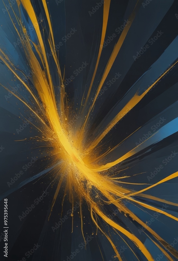 Poster a striking abstract composition of yellow and blue lines radiating outwards from a central point, cr