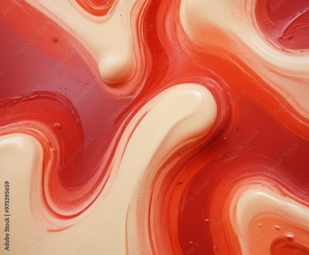 Poster a close-up view of a vibrant abstract pattern created by swirling red and beige paint on a textured 