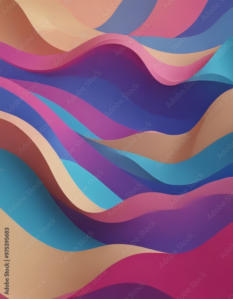 Poster a vibrant abstract composition of overlapping curved lines in various shades of pink, blue, and purp