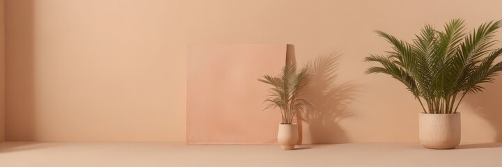 Fototapeta premium Two potted palm plants stand against a peach-colored wall, casting long shadows on the floor.