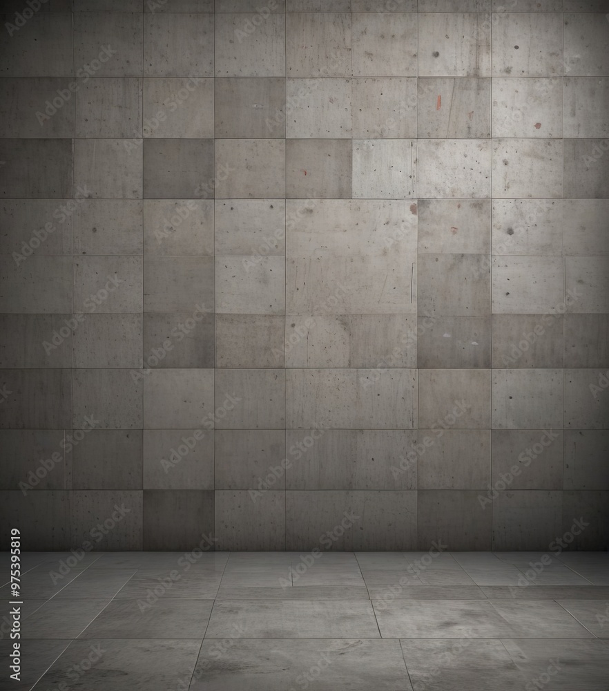 Poster a large, empty room with a concrete wall and a tiled floor. the wall is composed of square tiles, ea