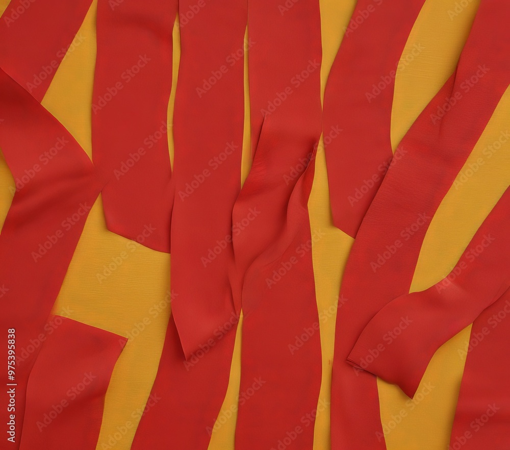 Poster a close-up view of a vibrant abstract composition featuring red and yellow ribbons or strips arrange