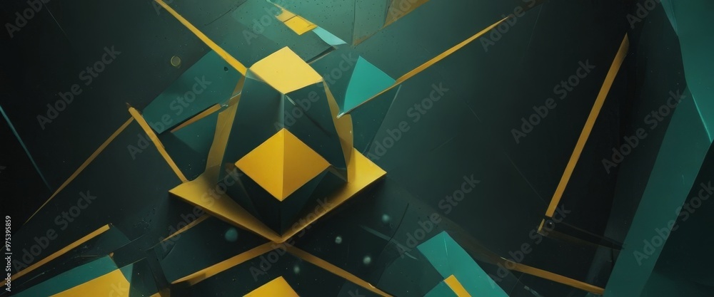Poster a complex geometric pattern composed of various shapes and colors, including triangles, rectangles, 